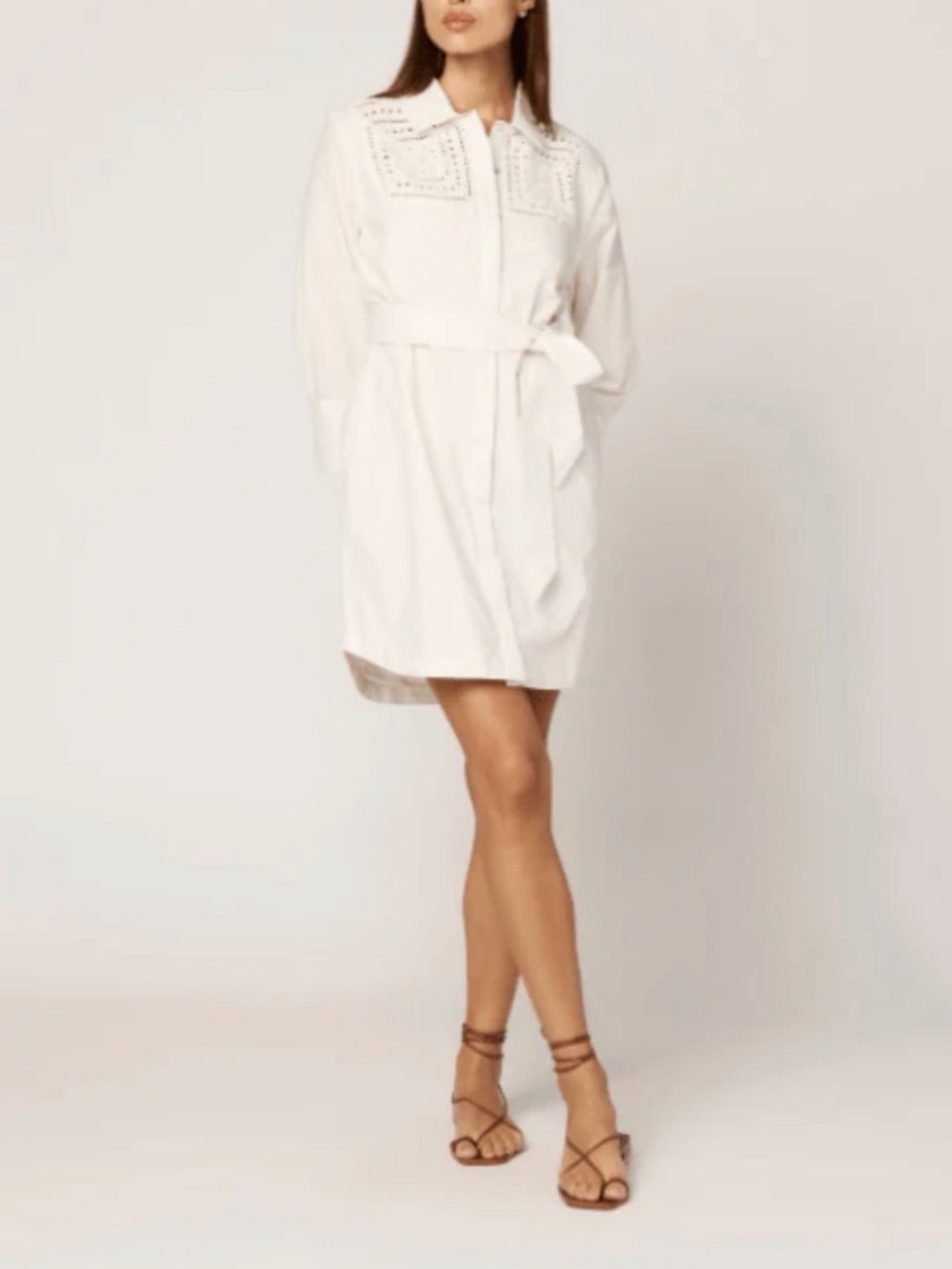 Cleobella White Eyelet Shirt Mini Dress with Tie Waist